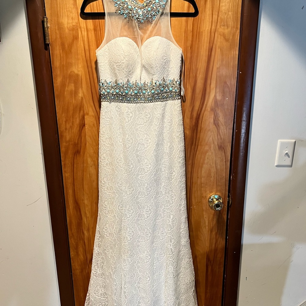Camille La Vie Formal Dress: White Lace with Turquoise & Silver Jewels, Sz 6